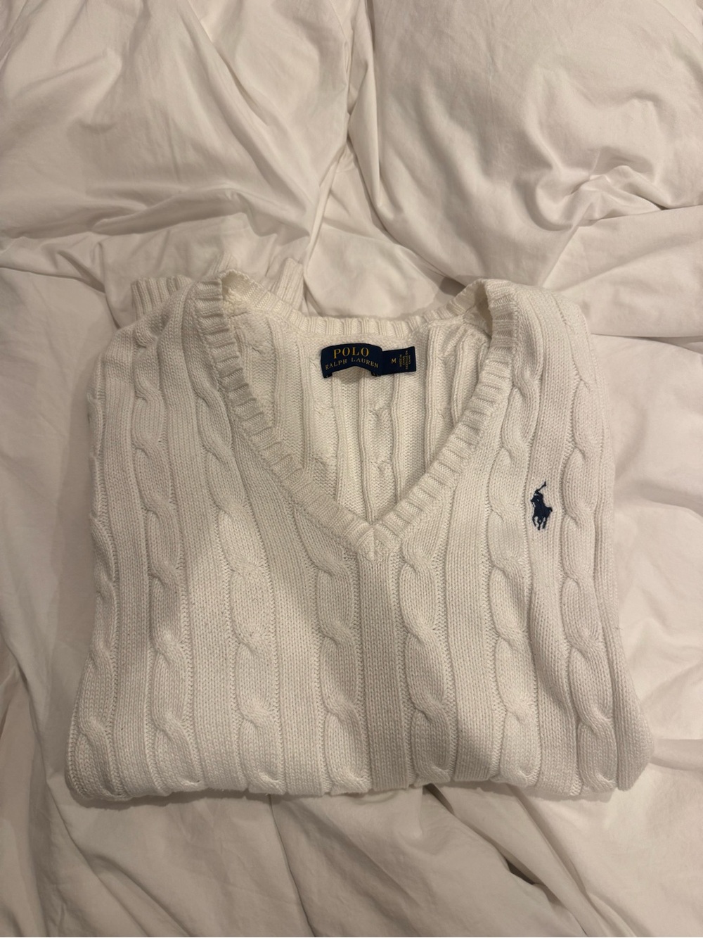 Ralph Lauren White Cable-Knit V-Neck Sweater with Navy Polo Pony